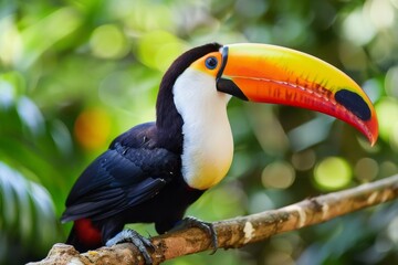 Naklejka premium Toucan Perched on a Branch in the Rainforest with Its Distinctive Colorful Beak in Sharp Focus