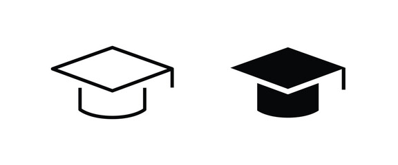 Outline Mortar Board or Graduation Cap. Educator graduation icon, seminar, classes line icons set, editable stroke isolated on white, linear vector outline illustration, symbol logo design style
