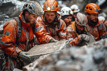 Rescue team dismantling rocks after earthquake - obrazy, fototapety, plakaty