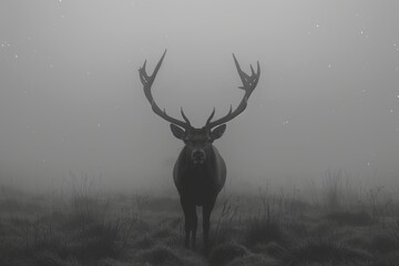 Majestic Stag Standing in Misty Field with Impressive Antlers Creating an Atmospheric Silhouette