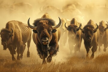 Herd of Bison Advancing Through Dusty Plains at Sunset, Exemplifying the Wild's Untamed Essence