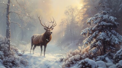 Stag in a frosty dawn, mist rising in the silent forest, majestic winter scene