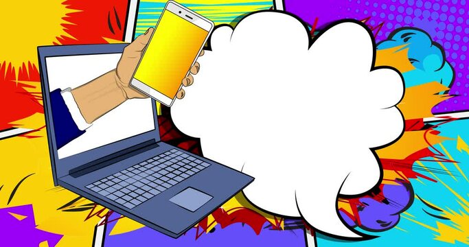 Cartoon Smart Phone and Laptop with blank speech bubble, comic book Computer animation. Retro comics pop art video.