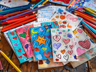 A vibrant collection of children's drawings filled with hearts and stars alongside a colorful array of crayons scattered on a wooden table.