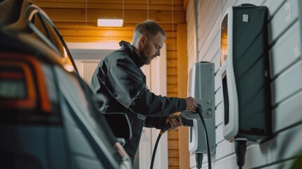 Fototapeta na wymiar An electrician in work attire is busy setting up an electric vehicle charging station in a residential garage, contributing to sustainable living. AIG41