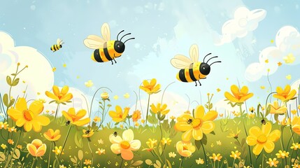illustration of cute bees flying over the yellow flowers garden.,generative ai, 