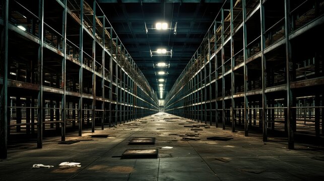 industrial empty warehouse building illustration vast eerie, barren hollow, vast derelict industrial empty warehouse building