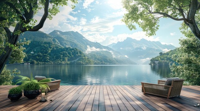 Wooden balcony with beautiful lake and mountain view has old wooden decking. Decorated with rattan lounge chairs. Surrounded by nature