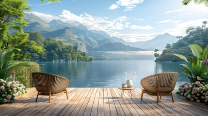 Wooden balcony with beautiful lake and mountain view has old wooden decking. Decorated with rattan lounge chairs. Surrounded by nature - obrazy, fototapety, plakaty