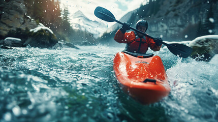 Fototapeta premium Whitewater kayaking, extreme kayaking. A guy in a kayak sails on a mountain river