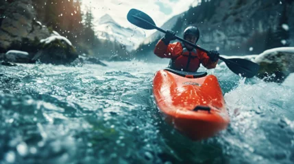 Poster Whitewater kayaking, extreme kayaking. A guy in a kayak sails on a mountain river © 沈军 贡