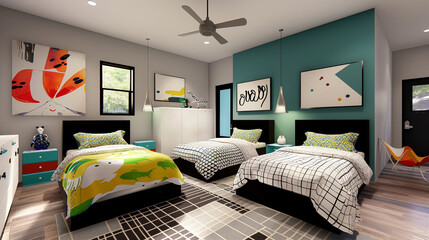 a modern shared bedroom for twins that incorporates vibrant accent colors to reflect their unique personalities High detailed and high resolution smooth and high quality photo professional photography