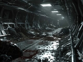 Fototapeta na wymiar battle-scarred spacecraft hall littered with debris and scorched metal. The remnants of a valiant fight are scattered around but the silence is broken by the faint