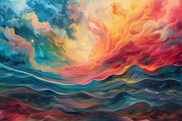 Fototapeta na wymiar breathtakingly beautiful abstract landscape painting in the style of Kandinsky with vibrant waves of color rendered in a futuristic technological style
