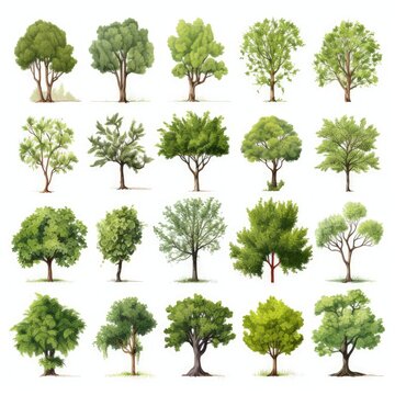 Collection of watercolor tree illustrations on a white background