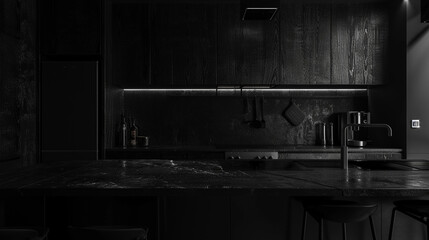 a monochromatic black kitchen featuring various textures, from glossy countertops to matte cabinetry and textured backsplashes High detailed and high resolution smooth and high quality photo