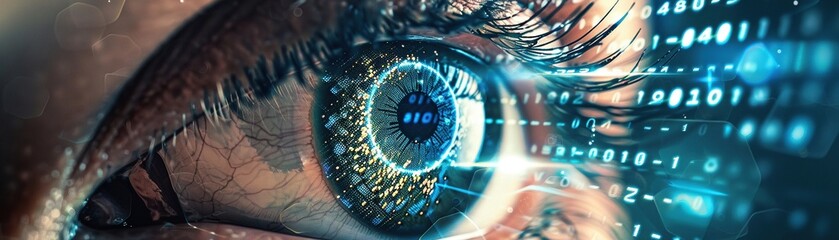 photorealistic close-up of a human eye, the iris replaced with a swirling vortex of binary code, symbolizing the overwhelming amount of data we process in the modern world. - obrazy, fototapety, plakaty