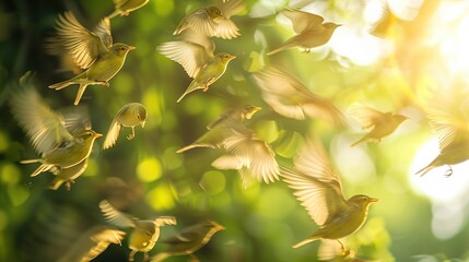 Wiosna przynosi ze sobą stado ptaków, które leci nad gęsto zielonym lasem. Ptaki tworzą...
