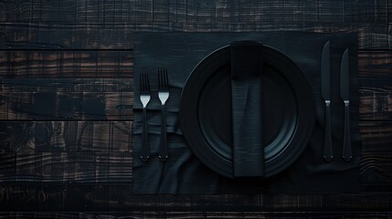 Elegancko nakryty stół dla jednej osoby z czarnym talerzem z serwetką z dwoma nożami i widelcami. Ciemne kolory, widok z góry leżą płaską. - obrazy, fototapety, plakaty