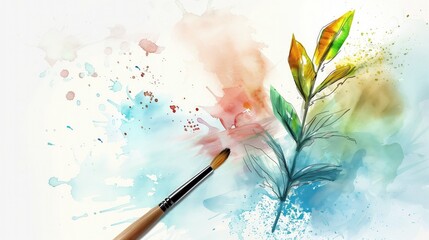 Pędzel na kartce z namalowanym pięknym kwiatem, symbolizujący wiosnę i nowy początek. Idealne dla pracowni artystycznych - obrazy, fototapety, plakaty