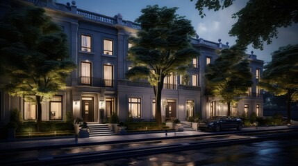 modern luxury townhouse building illustration exclusive sophisticated, chic designer, high end modern luxury townhouse building