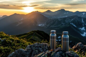 Two thermos flasks on a mountain at sunrise. - obrazy, fototapety, plakaty