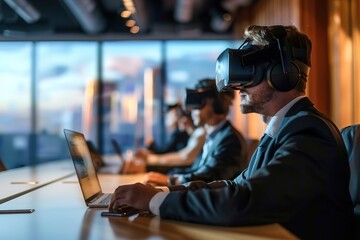 Professionals in suits using VR headsets at a modern office.