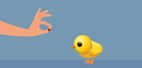 Little Chicken Taking a Pill Fighting Sickness Vector Medical Illustration. Adorable sick farm bird taking its medication from the doctor
