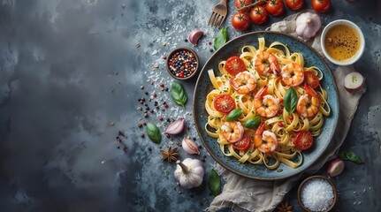 Delectable Shrimp Scampi with Juicy Cherry Tomatoes and Fresh Basil over a Bed of Pasta