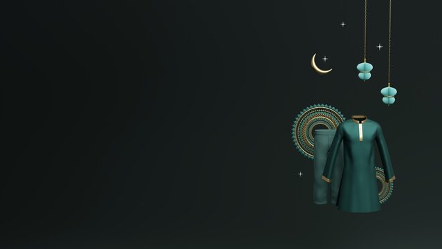 3d Islamic product display dark green themed islamic with Muslim Clothes, lantern and star for ramadan,3D rendering