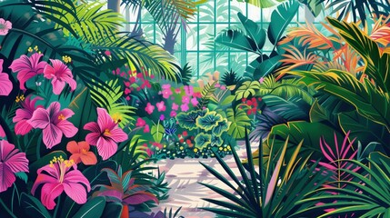 Obraz roślin tropikalnych i kwiatów w szklarni - obrazy, fototapety, plakaty