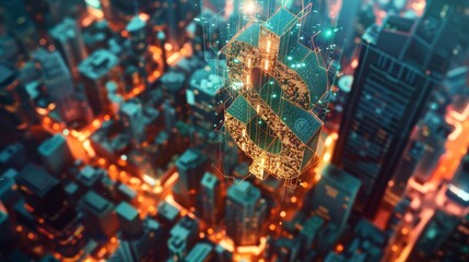 A digital dollar sign hovers above a cityscape, symbolizing financial markets and the digital economy in a futuristic setting.
