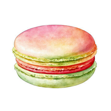 One delicate macaron in pastel colored flavor cookie, watercolor illustration, vector clipart, food, cookie, bread, snack, breakfast, isolated on white background