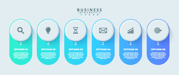Design template for vector infographic labels with icons and 6 options or steps. Suitable for process diagrams, presentations, workflow layouts, banners, flow charts, and infographics.