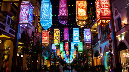 the beauty of Eid decorations adorning homes and streets, such as colorful lights and banners.