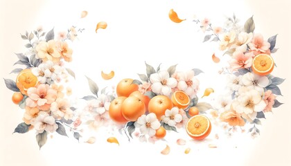 Watercolor painting of Oranges and botanical elements for corner and border invitation