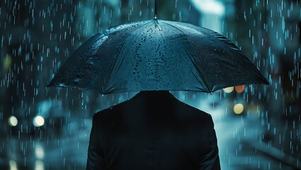 a businessman wearing a black umbrella under the rain. With Generative AI