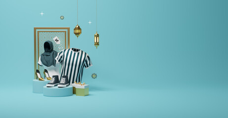 Ramadan Kareem Sale Banner, Social media Islamic Ornament Lantern Background with 3d rendering men and women Dress and cart with space for your text.