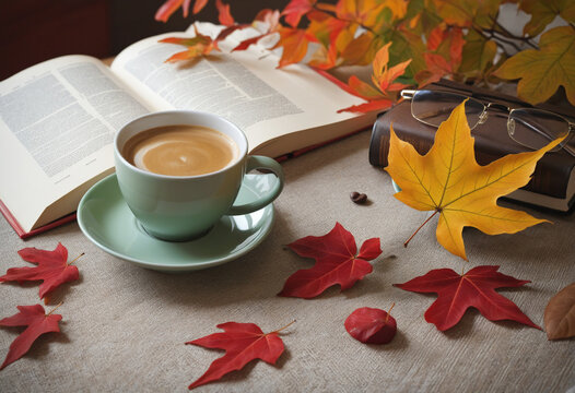 Coffee, books and autumn leaves Images of autumn reading