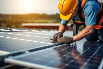 Technician installs solar panels on rooftop - obrazy, fototapety, plakaty