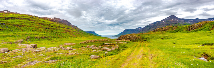 Fototapeta na wymiar Panoramic over fjords of East Iceland with dramatic sky and green meadow hills. Beautiful Icelandic landscape, huge cliff and rocks in moss