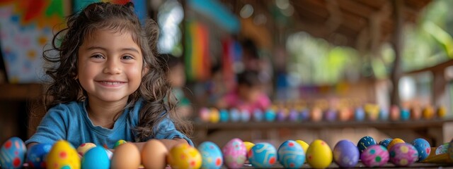 Fototapeta na wymiar dark happy girl with colored eggs. happy easter concept. homemade, seasonal, religious holiday style