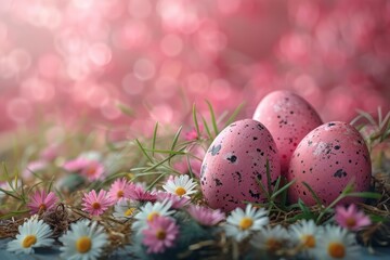 pink colored Easter eggs with flowers on blurry nature background. seasonal, religious holiday concept. Spring card. copy space.