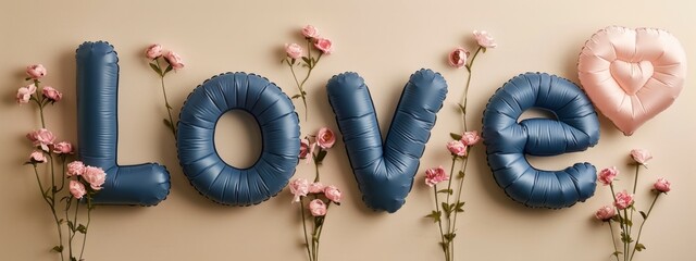 blue inflated, plump ,  three-dimensional text LOVE with flowers on beige background . Greeting card , seasonal holiday. - obrazy, fototapety, plakaty
