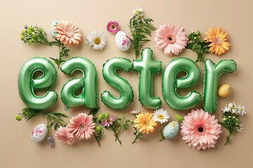 green inflated, plump ,  three-dimensional text Easter with spring flowers and eggs on beige background . Greeting card , seasonal holiday.