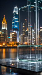 Glass Podium with a blurred or bokeh background of a Blurred Cityscape