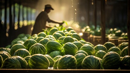 At the bustling market stall, vibrant green watermelons are meticulously arranged on beds of glistening ice, their coolness inviting passersby to indulge in their refreshing sweetness on a hot summer
