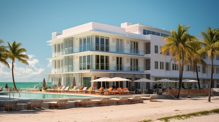 Obraz premium urban commercial hotel building illustration resort waterfront, chic trendy, elegant contemporary urban commercial hotel building