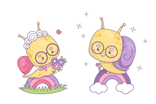 Cute pair elderly snails grandparents. Grandmother with bouquet flowers and grandfather in glasses on rainbow. Positive happy beloved insects kawaii characters. Vector illustration.