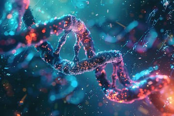 DNA strands highlighted with vibrant colors and particles on a dynamic, blue background.
